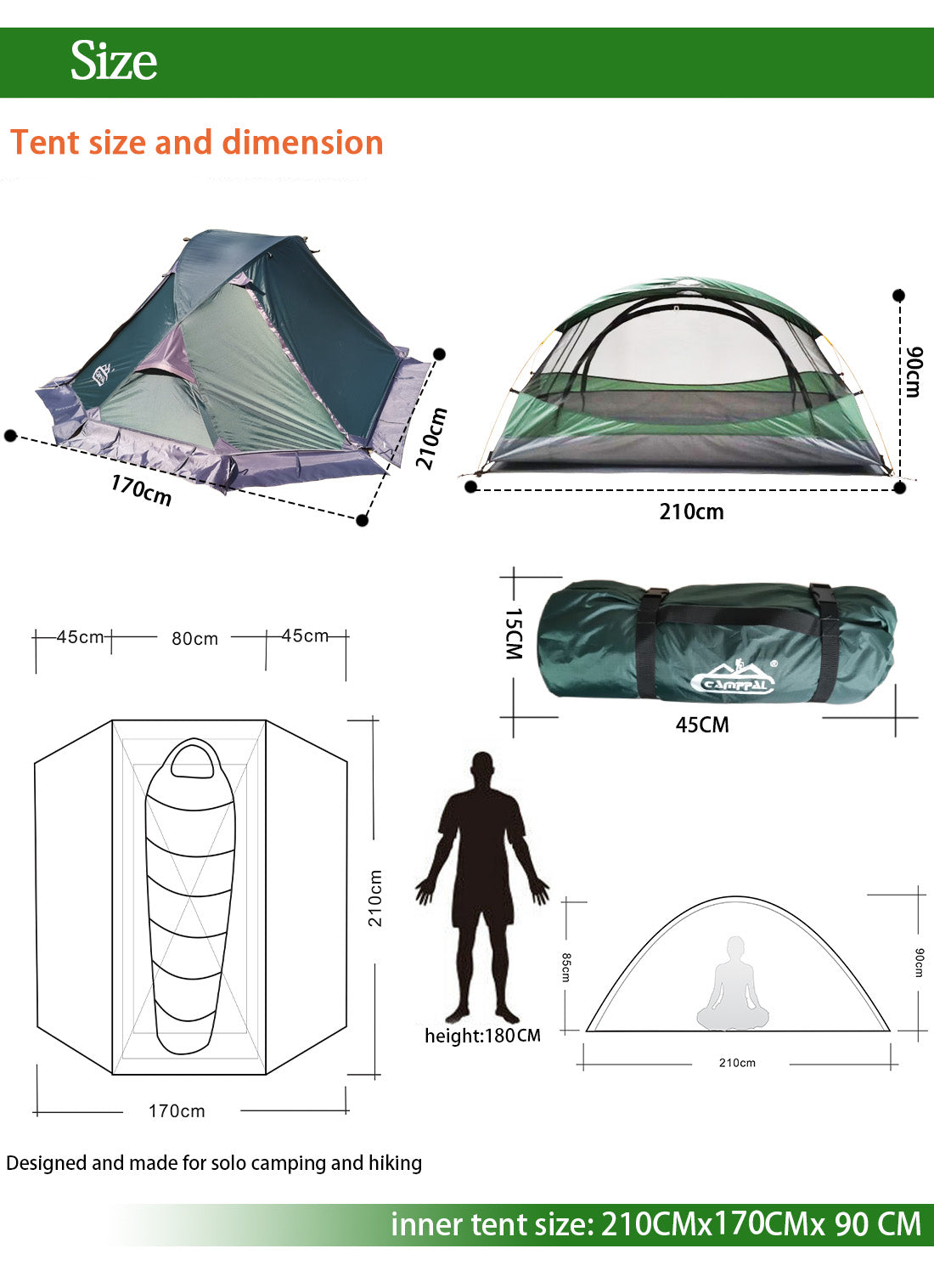 Camppal Professional One Person 4 Seasons Tente de randonnée légère avec eau/pluie/vent/tempête/neige, idéale pour le camping en solo, la randonnée, le trekking