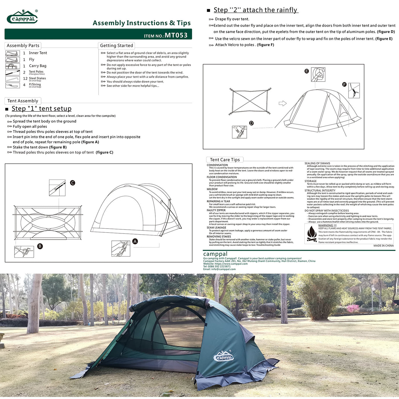 Camppal Professional Ein-Personen-4-Jahreszeiten-Leicht-Rucksackzelt mit Wasser-/Regen-/Wind-/Sturm-/Schneefestigkeit, ideal für Solo-Camping, Wandern, Trekking