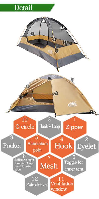 Tente d'alpinisme professionnelle Four Seasons de haute qualité (MT060-1) pour 1 personne avec plusieurs couleurs de Camppal - Solo Explorer
